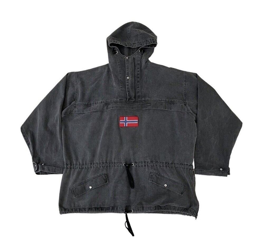 J.Peterman Jacket Mens XL Black Norway Flag Pullover Denim Parka Vintage 90s - Picture 1 of 9